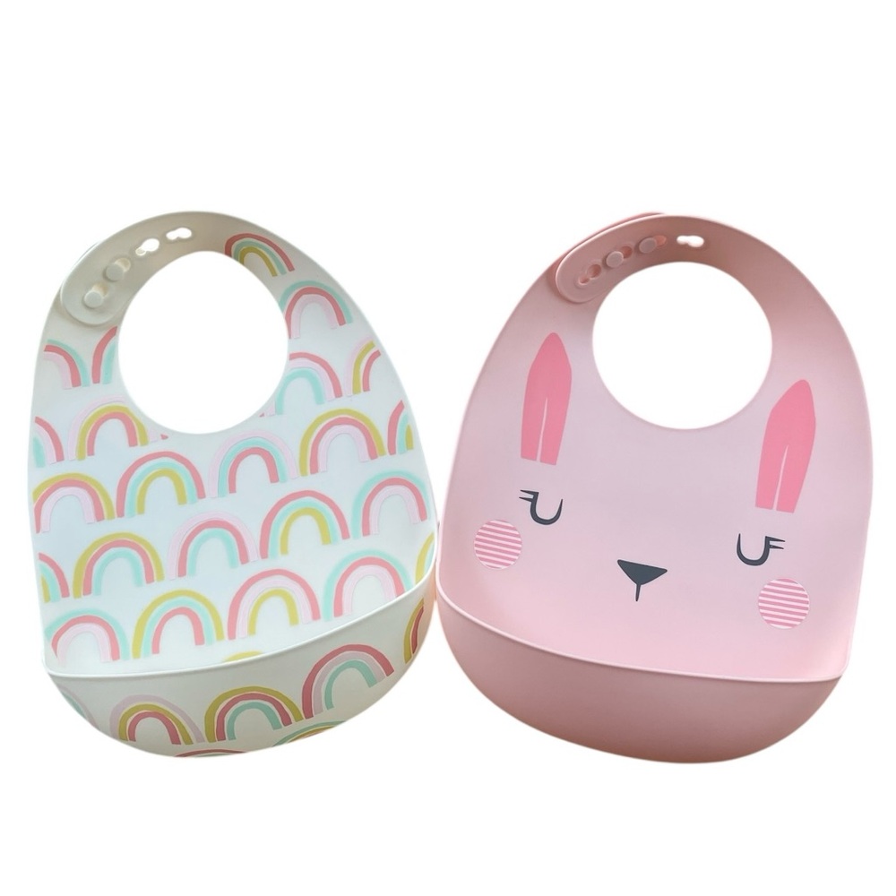 CLOUD ISLAND Pink Bunny and Rainbow Silicone Bib Set